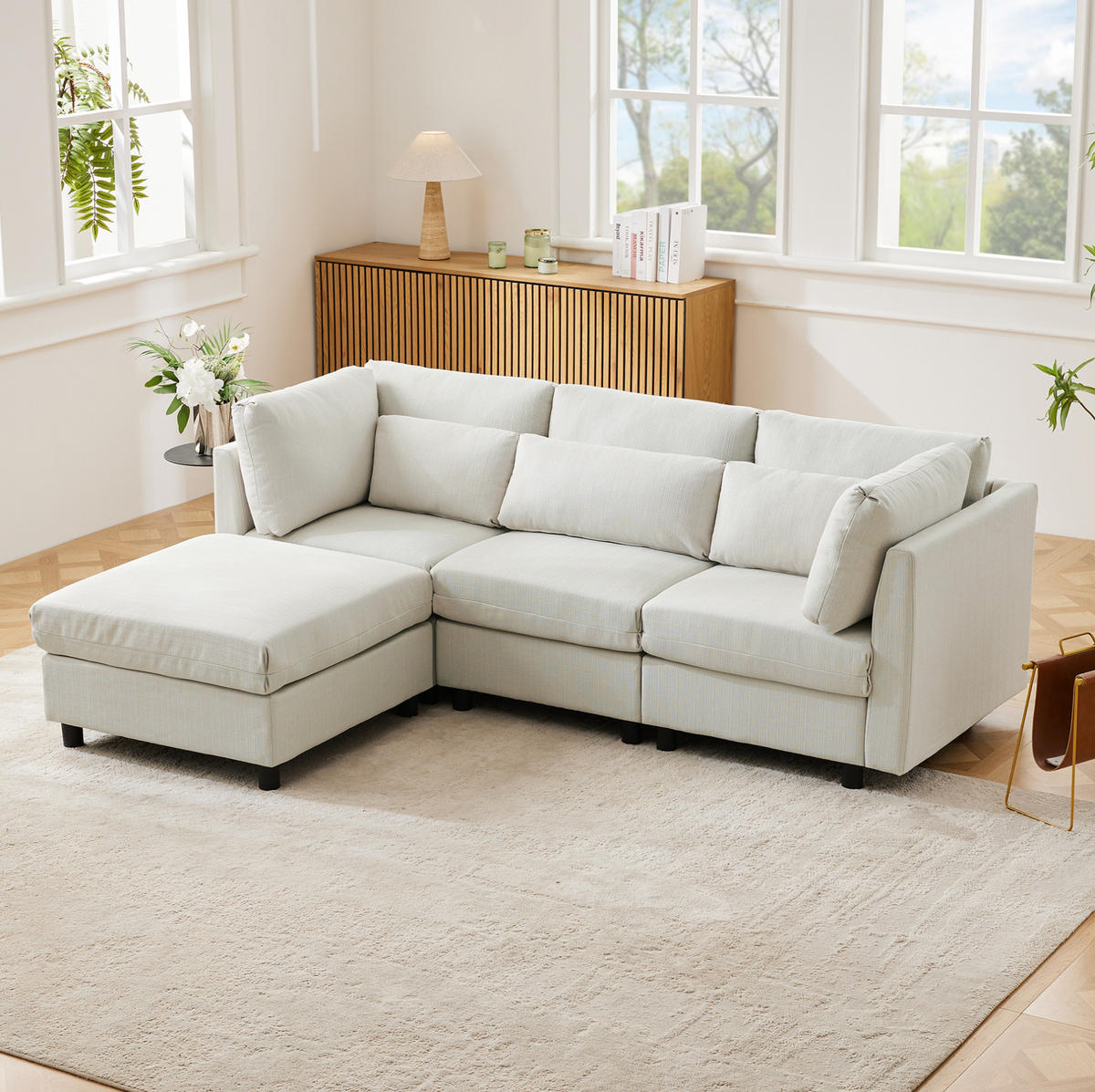 ECKSOFA Leinenstoff mit Fußhocker und Kissen 220/83/81 cm Beige - Beige, Textil (81/83cm) - Redom