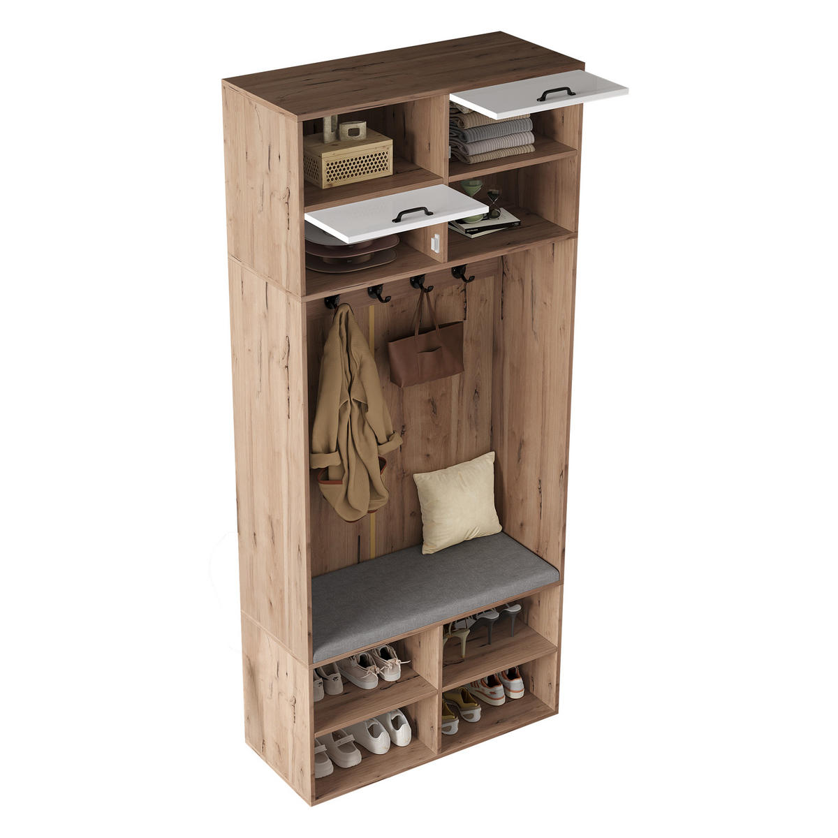 GARDEROBENSET, Komplett-Set Flurgarderobe mit Sitzbank, 5 Haken, 2 Türen & 6 Offener Lagerraum - Naturholzfarbe und Weiß, 80×185×35 cm (B×H×T) - Multicolor, Holzwerkstoff (35/185/80cm) - FLIEKS