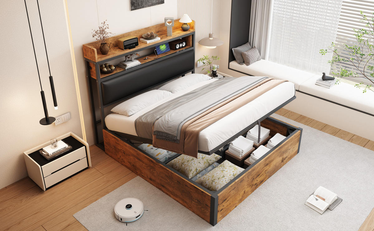 POLSTERBETT 140x200 cm mit USB, Stauraum, Lattenrost, Schwarz - Schwarz, Holz (140/200cm)