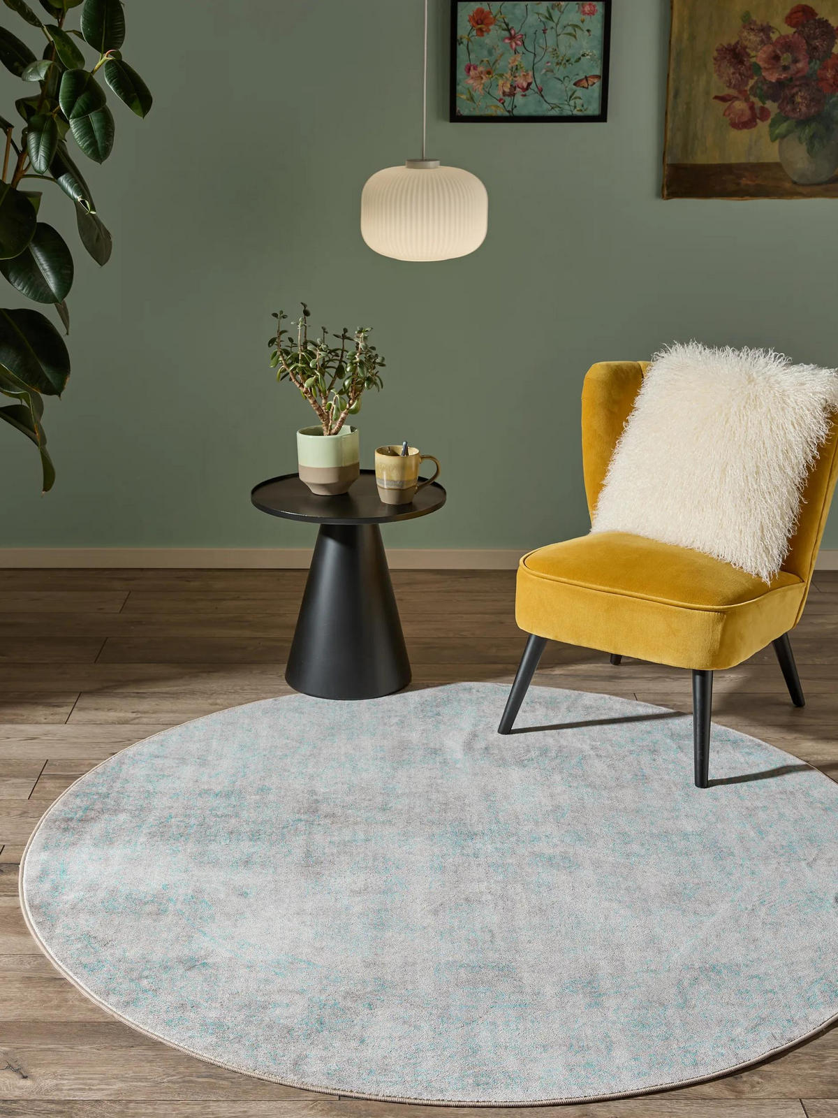 VINTAGE-TEPPICH Miray waschbar ø 160 cm rund - Türkis/Grau, Kunststoff (160/160cm) - benuta Nest