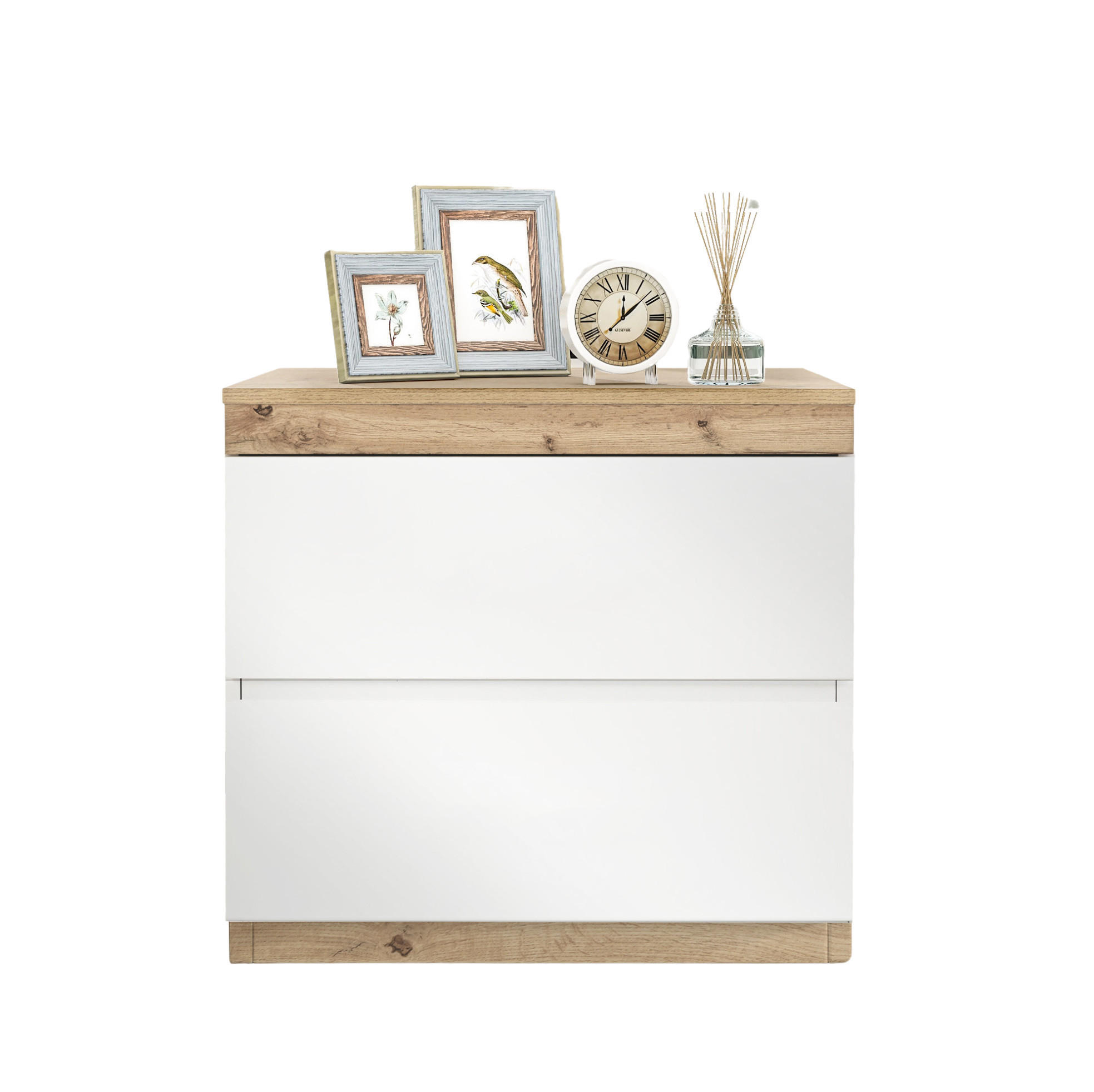 NACHTTISCH aus E1-Spanplatte mit 2 Schubladen, ca. Maße siehe Bild, 40/55/55 cm, Weiß/Eicheoptik - Weiß, Holzwerkstoff (40/55/55cm) - Redom