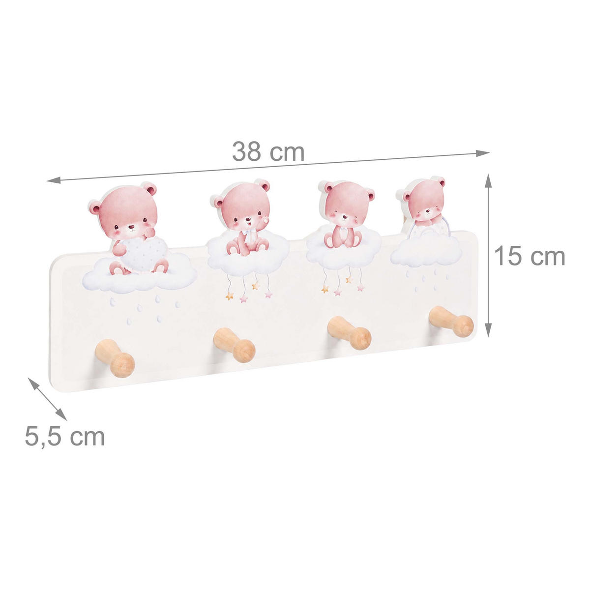 VĚŠÁK Barevný MDF borovicové dřevo 4 háčky 15x38 cm - různobarevná/světle růžová, dřevo/kompozitní dřevo (38/15/5.5cm) - Relaxdays