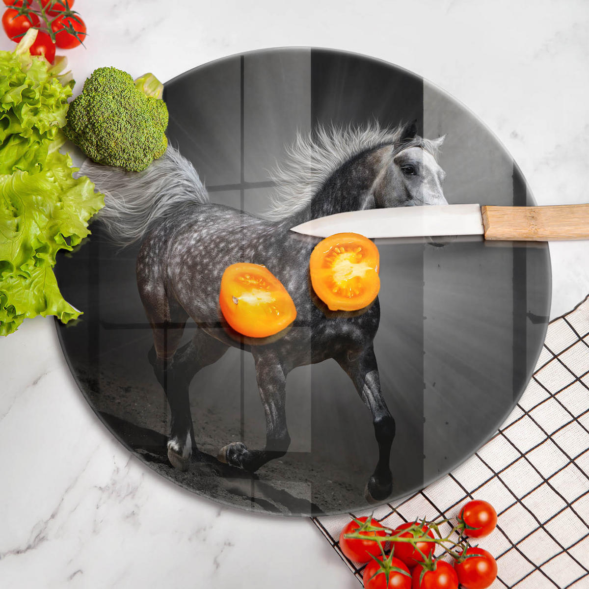 GLASPLATTE Ø 40 cm Pferd im Galopp - Zinkfarben, Glas (40/40cm) - Wallfluent