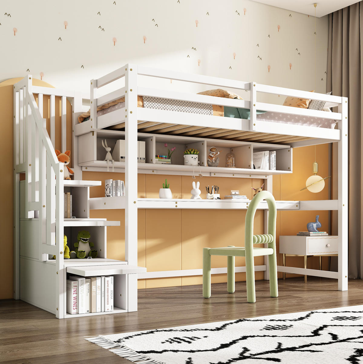 HOCHBETT aus Massivholz und MDF 90x200 cm Weiß mit Stauraumtreppe, Schreibtisch und Regal - Weiß, Holz (90/200cm) - IVMEU