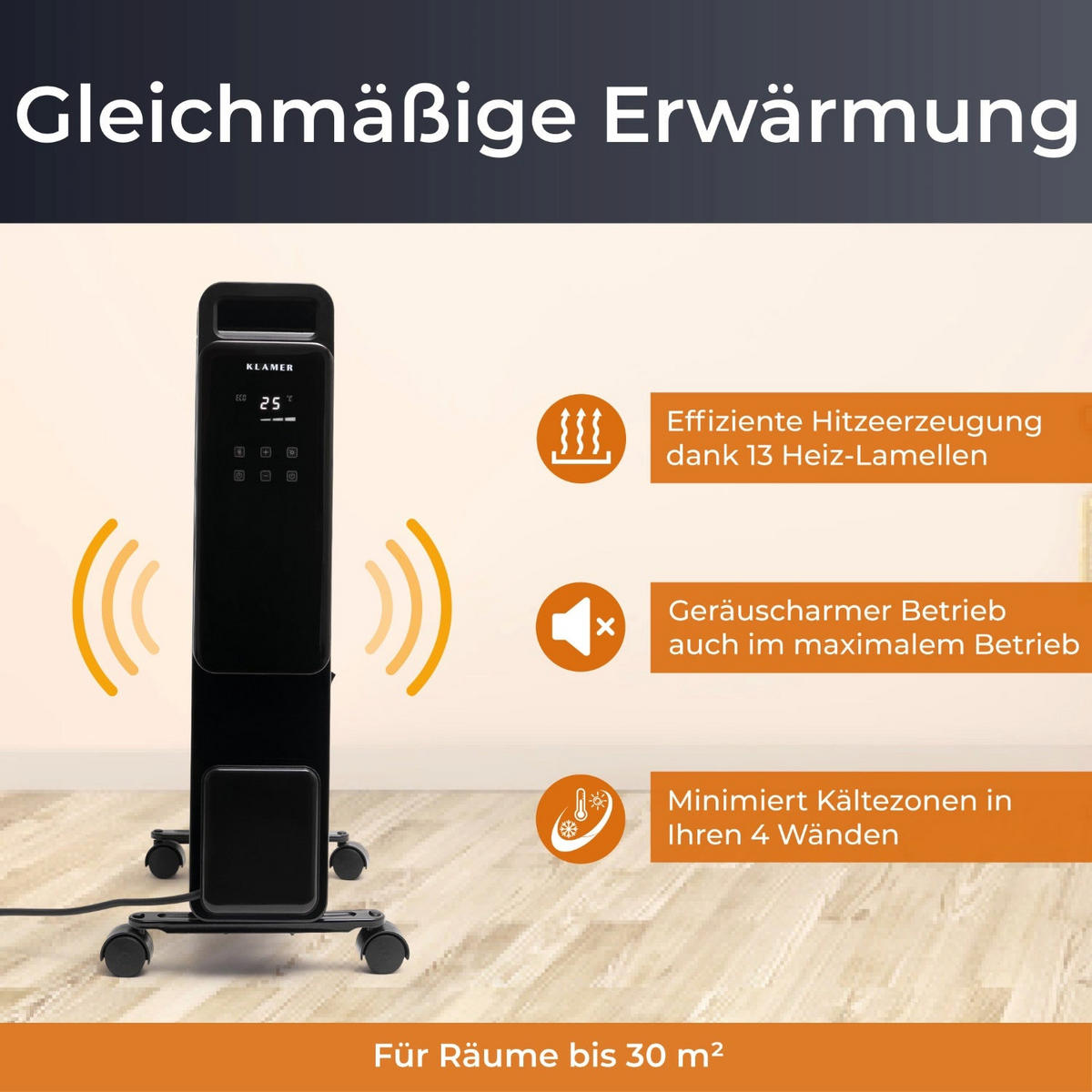 ÖLRADIATOR Schwarz Mobile Elektroheizung - Schwarz, Metall (25/63/52cm) - KLAMER