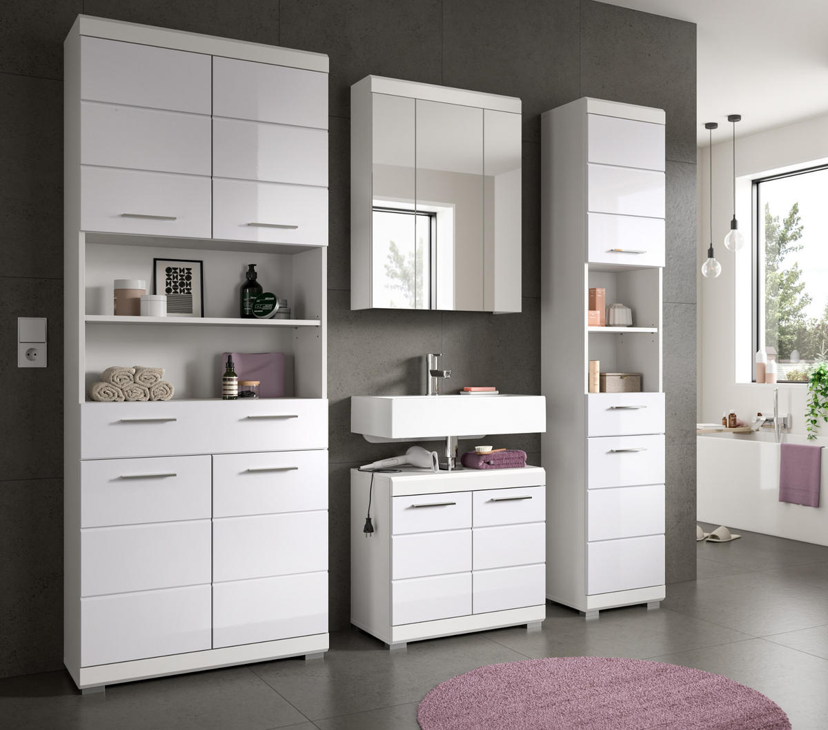 BADMÖBEL-SET weiß Hochglanz 4-teilig 200 cm, Komplettset mit viel Stauraum - Weiß Hochglanz, Glas/Holzwerkstoff (200/191/34cm) - Inn.Furn