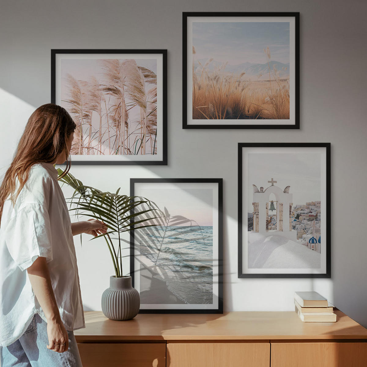 BILDER SET 4er Set - 50x50 cm & 40x60 cm Schwarzer Rahmen - Pflanzen, Meereswellen, Aussicht, Häuser - Schwarz, Kunststoff (50/50cm) - TULUP