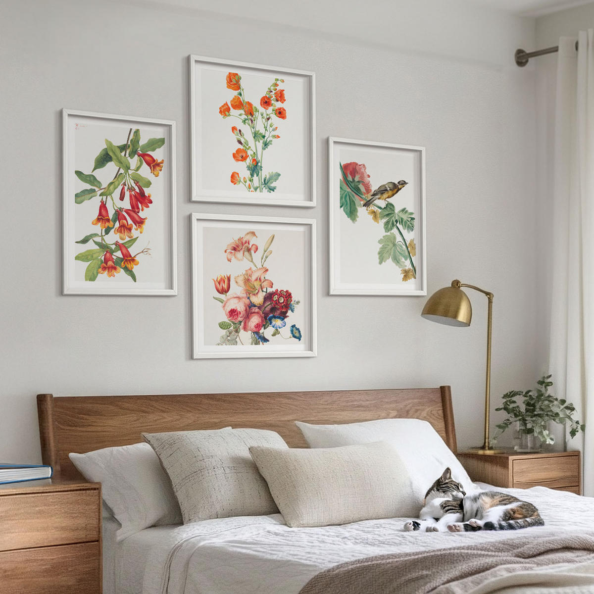 BILDER SET 4er Set - 50x50 cm & 40x60 cm Weißer Rahmen - Gemalte Blumen, Retro-Vogel - Weiß, Kunststoff (50/50cm) - TULUP