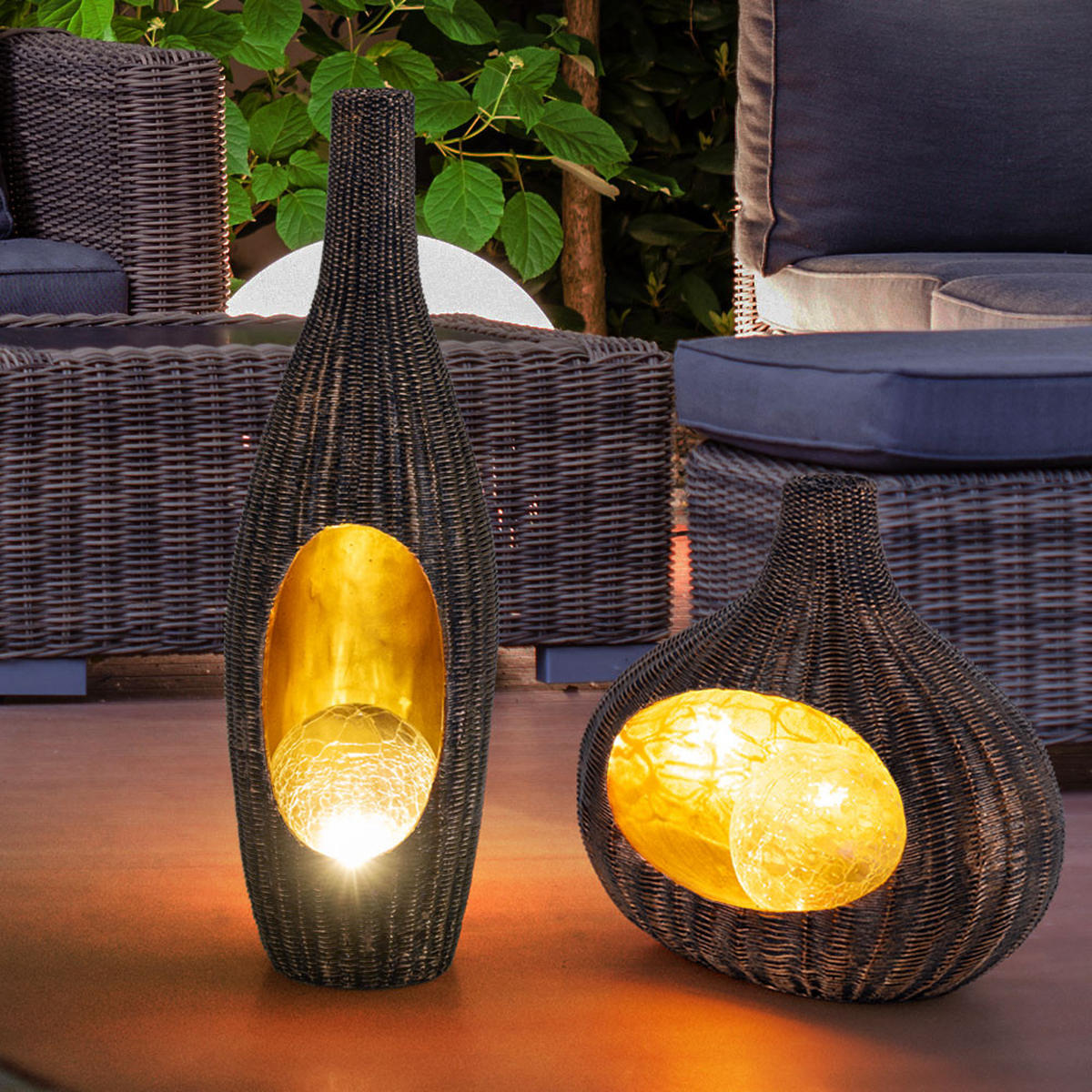 LED AUSSENLEUCHTE Rattan Braun Gold - Braun, Glas (14.3/13/45.5cm) - Globo Lighting