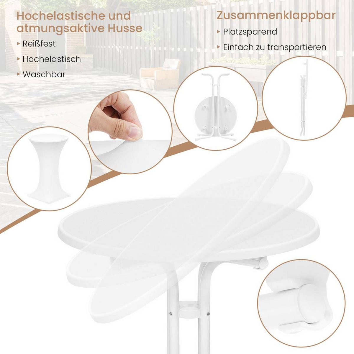 GARTENTISCH klappbar, mit Husse, Ø 70 cm, Weiß - Weiß, Holzwerkstoff/Metall (70/70/110cm) - Woltu