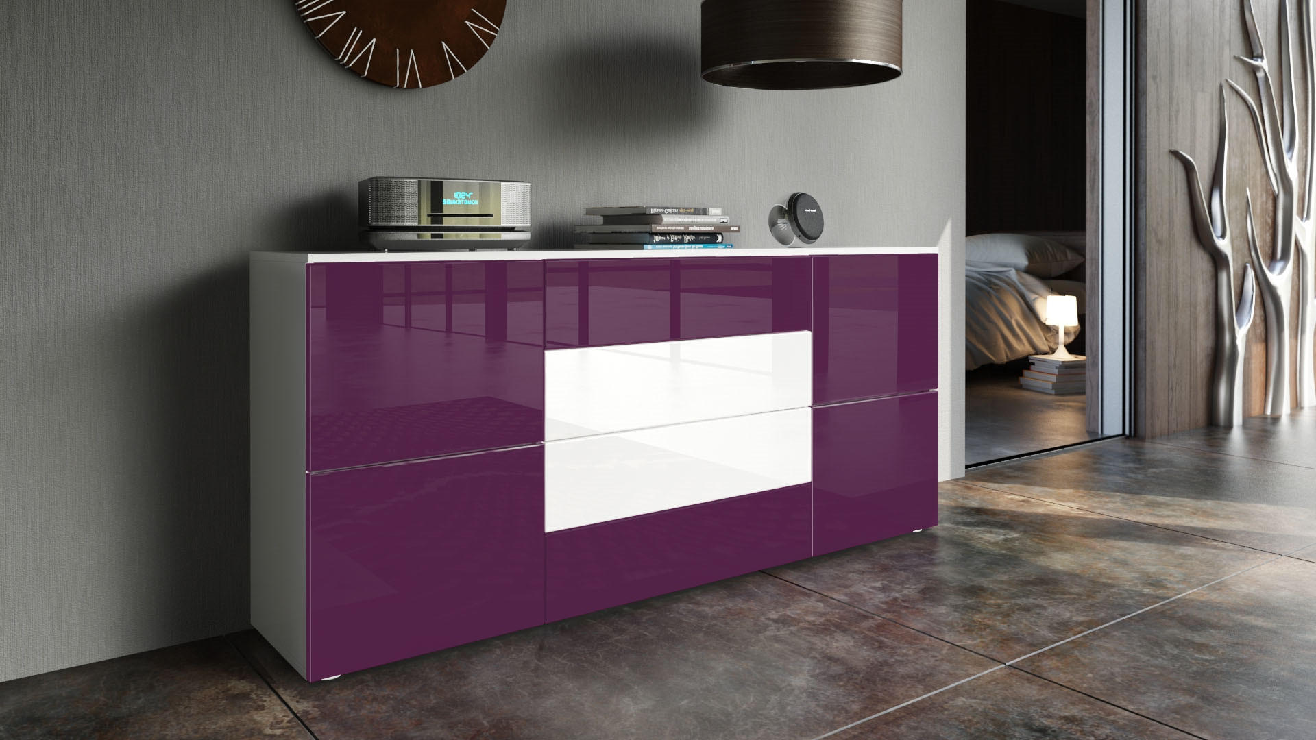 SIDEBOARD Rova Brombeer Hochglanz / Weiß Hochglanz - Brombeere, Holzwerkstoff (166/72/35cm) - Vladon