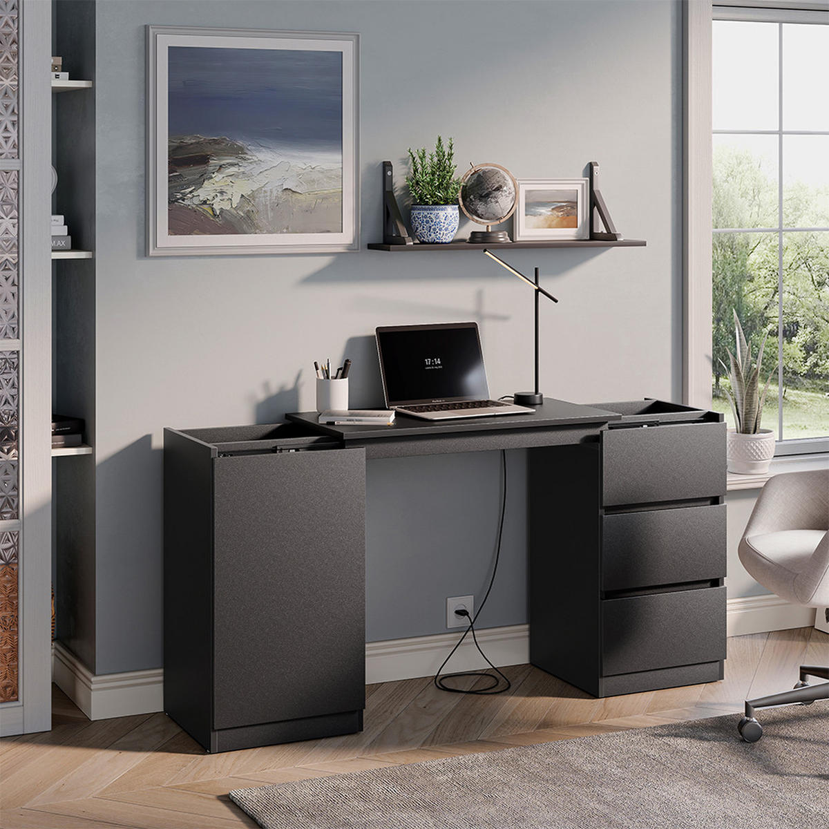 KOMMODE MIT SCHREIBTISCHFUNKTION Varino, Schwarz, 80 x 75.5 cm ausziehbar - Schwarz, Holzwerkstoff (80/75.5/40cm) - Vicco