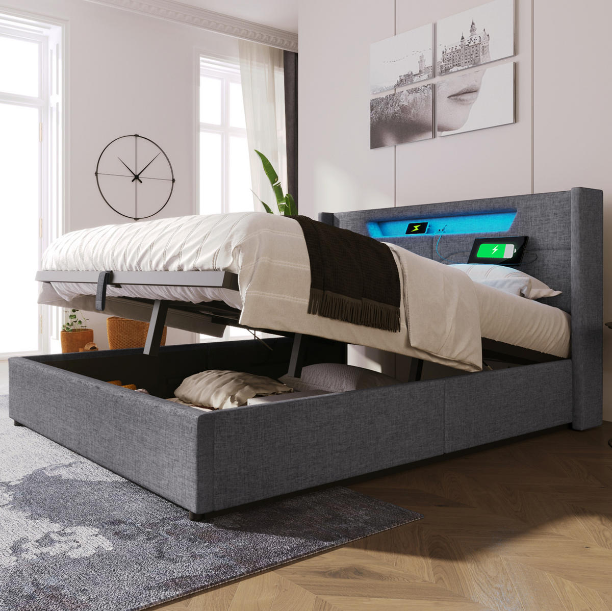 POLSTERBETT 160/200 cm Grau mit Stauraum, LED-Beleuchtung und USB- und Type-C-Anschlüssen - Grau, Textil (160/200cm) - Flora Grace