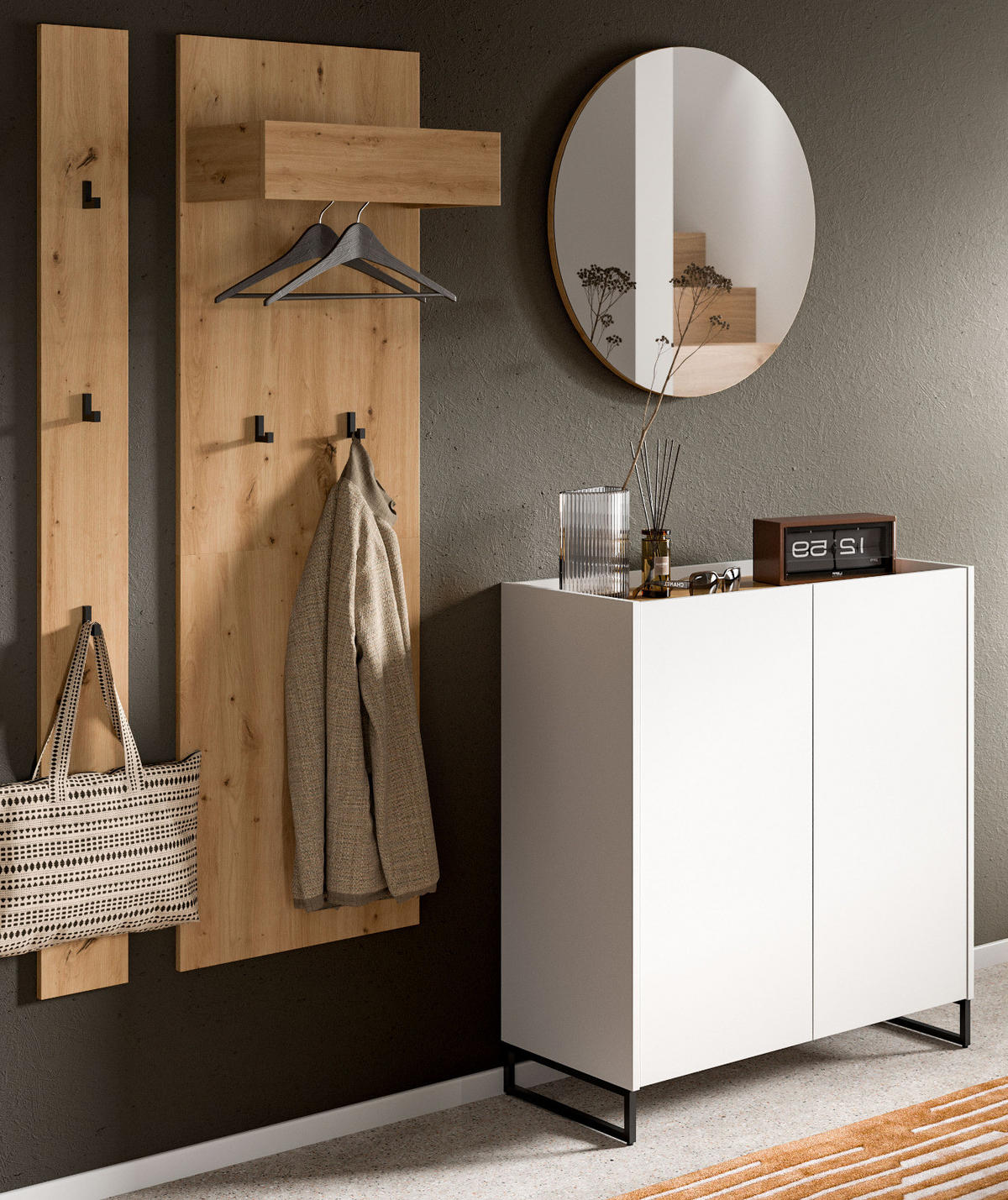 GARDEROBE-SET weiß und Artisan Eiche, Garderobe 4-teilig, 186 x 197 cm, Soft-Close, Borga - Schwarz/Weiß, Holzwerkstoff/Metall (186/197/38cm) - Inn.Furn