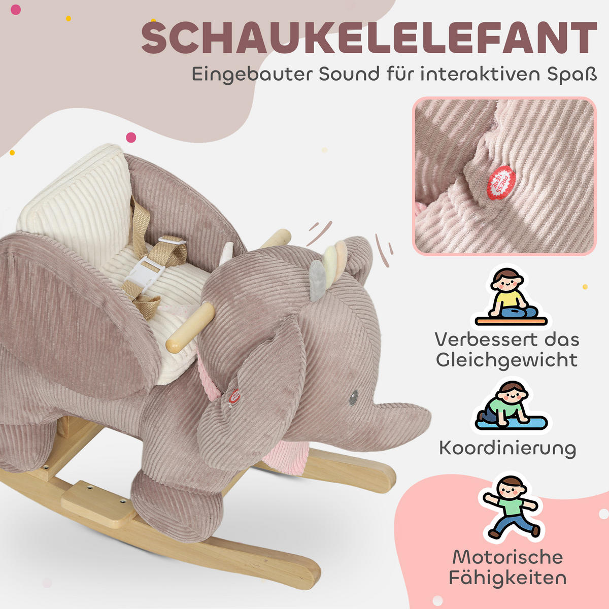 SCHAUKELTIER Elefant-Schaukel interaktive Tiergeräusche weiche Füllung Braun - Braun, Textil (35/50/65cm) - AIYAPLAY