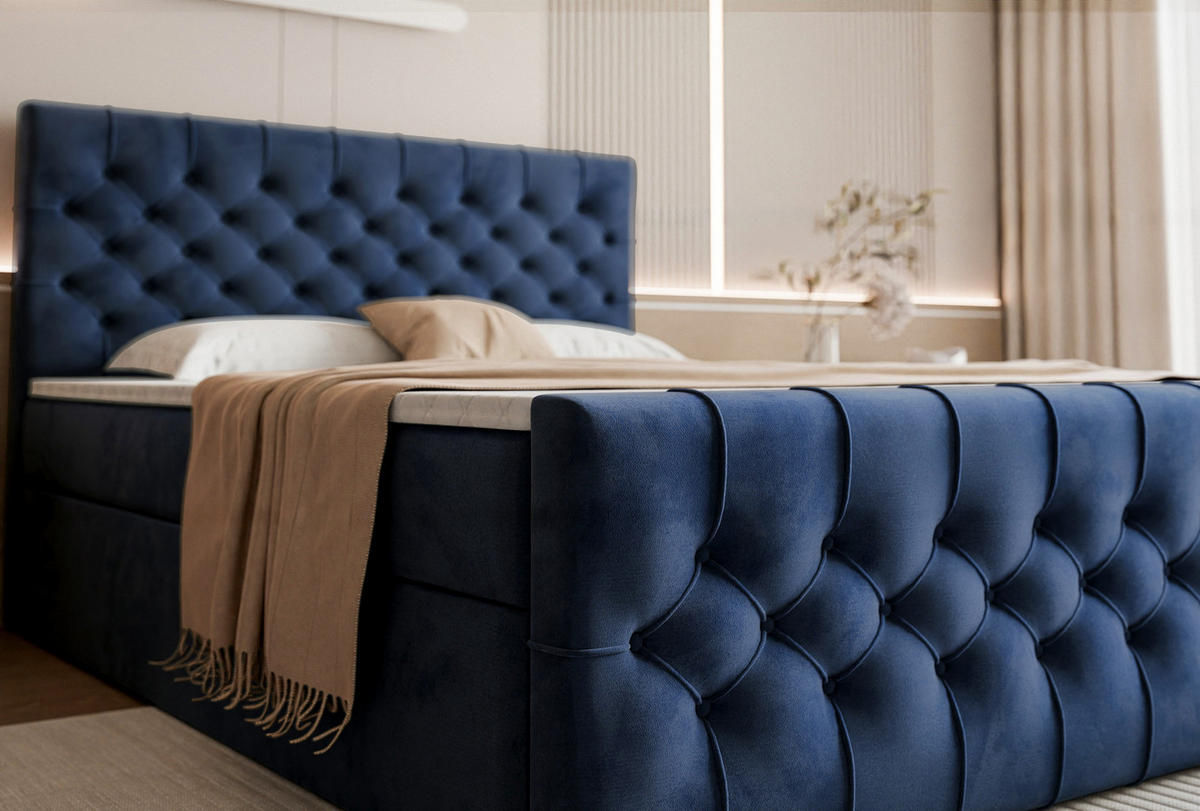 BOXSPRINGBETT Aurora mit Bettkasten, Dunkelblau Samt 180x200 cm – inkl. H3 Matratze und Topper - Schwarz/Dunkelblau, Holzwerkstoff/Kunststoff (180/200cm) - WFL GROUP