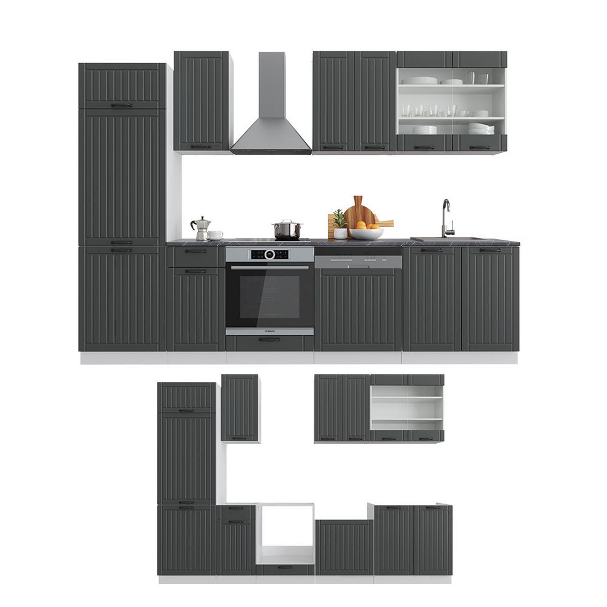 KÜCHENZEILE Fame-Line Anthrazit Landhaus/Weiß 300 cm ohne AP - Dunkelgrau/Weiß, Holzwerkstoff (300/81.6/46cm) - Vicco