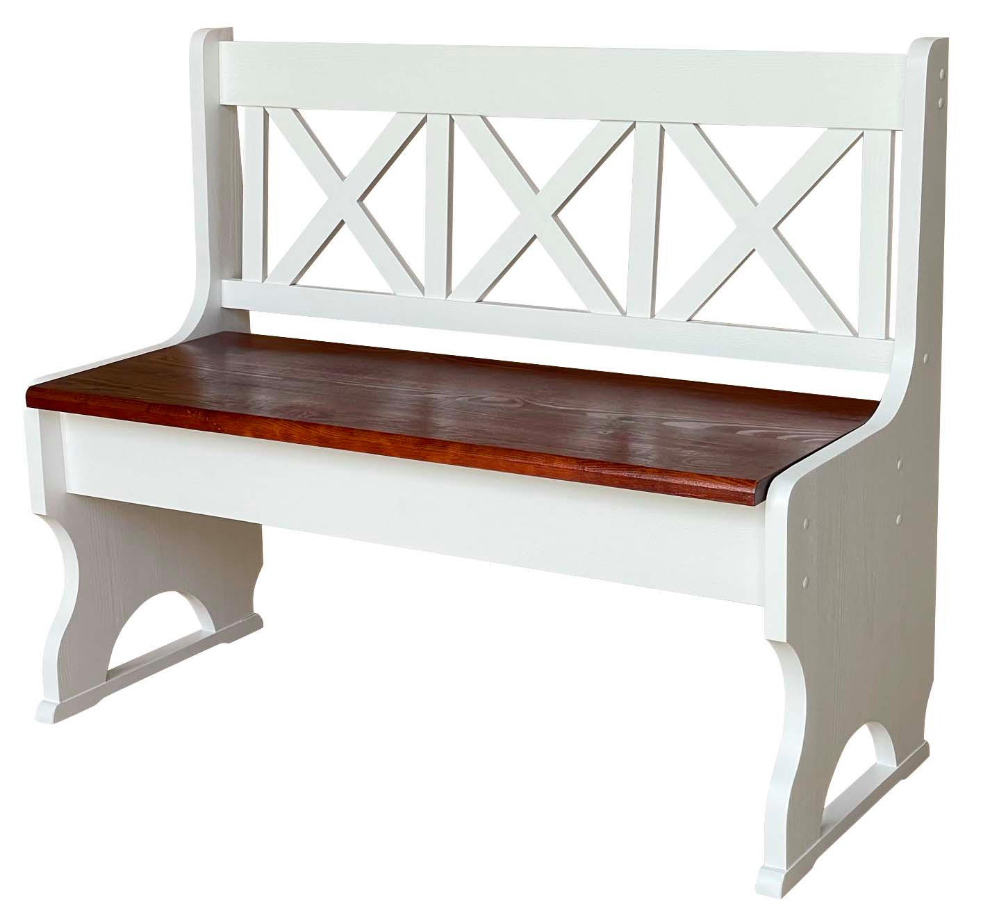 LANDHAUSBANK aus Kiefernholz mit Kreuzlehne, Weiss/Calvados, 105 cm - Kirschbaumfarben, Holz (105/86/36cm)