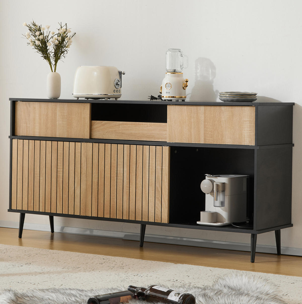 KOMMODE 160/40/80 cm mit Schiebetüren und Metallfüßen in Eichefarben/Schwarz - Schwarz, Holzwerkstoff (160/80/40cm) - BEAOK