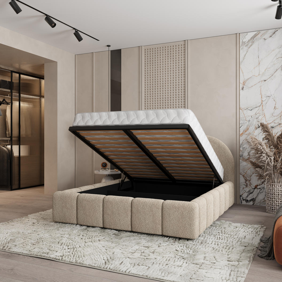 POLSTERBETT FLUSSO 160x200 cm mit Bettkästen - Beige - Beige, Holz (160/200cm) - MASSENO