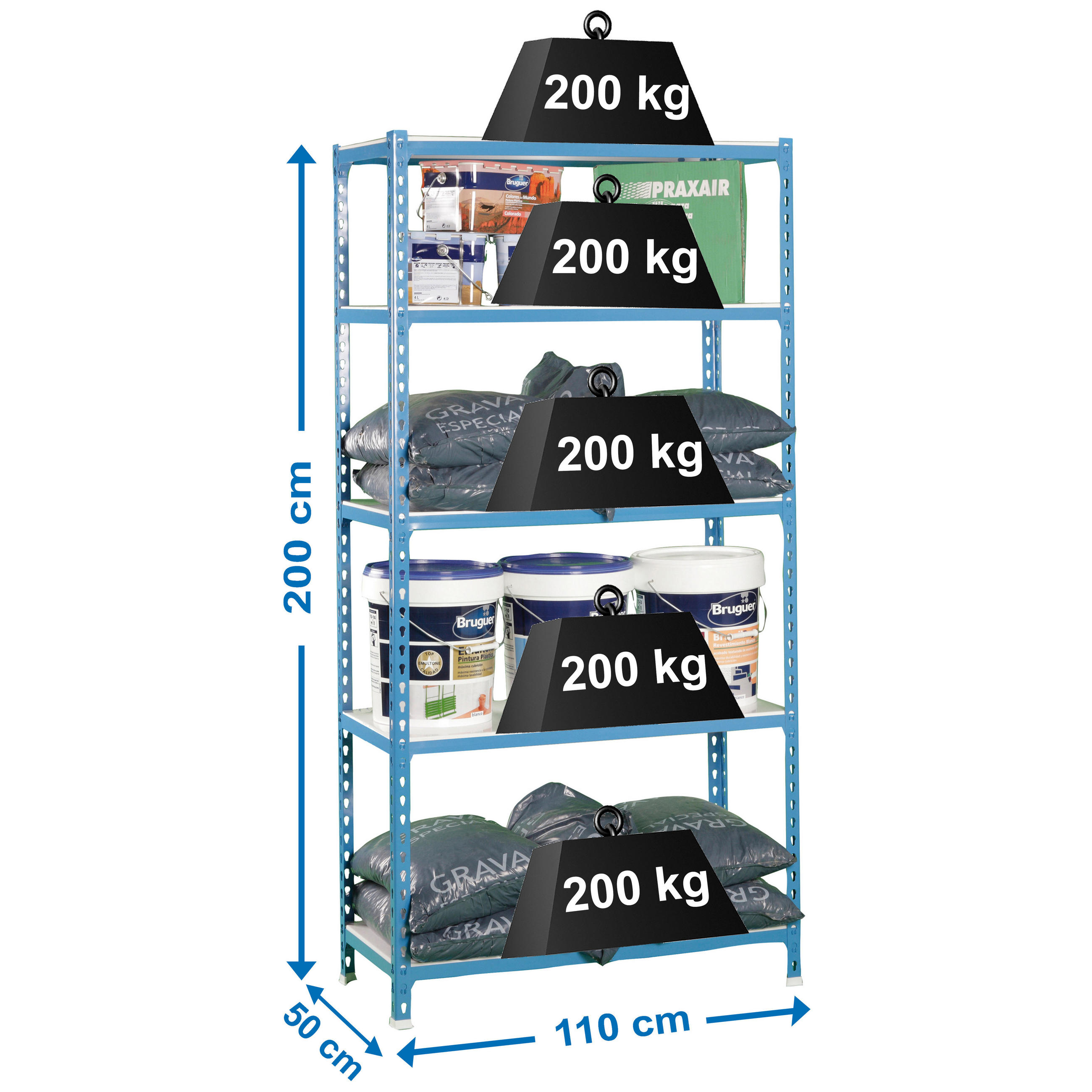 SCHWERLASTREGAL Big Metal Shark HxBxT 200 x 110 x 50 cm Fachlast 200 kg Blau-Weiß - Blau, Metall (110/200/50cm) - PROREGAL