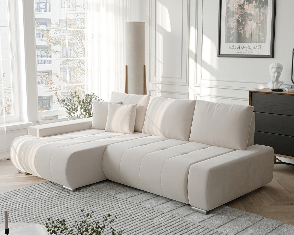 ECKSOFA NIKO Links, mit Schlaffunktion und Bettkasten, Creme - Creme, Textil (227/153cm) - Idohome