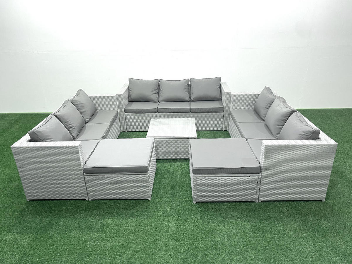 GARTENMÖBELSET mit 3-SITZER SOFA,COUCHTISCH Polyrattan Hellgrau-Mix 11-Sitzer - Hellgrau/Grau, Glas/Kunststoff - Fimous