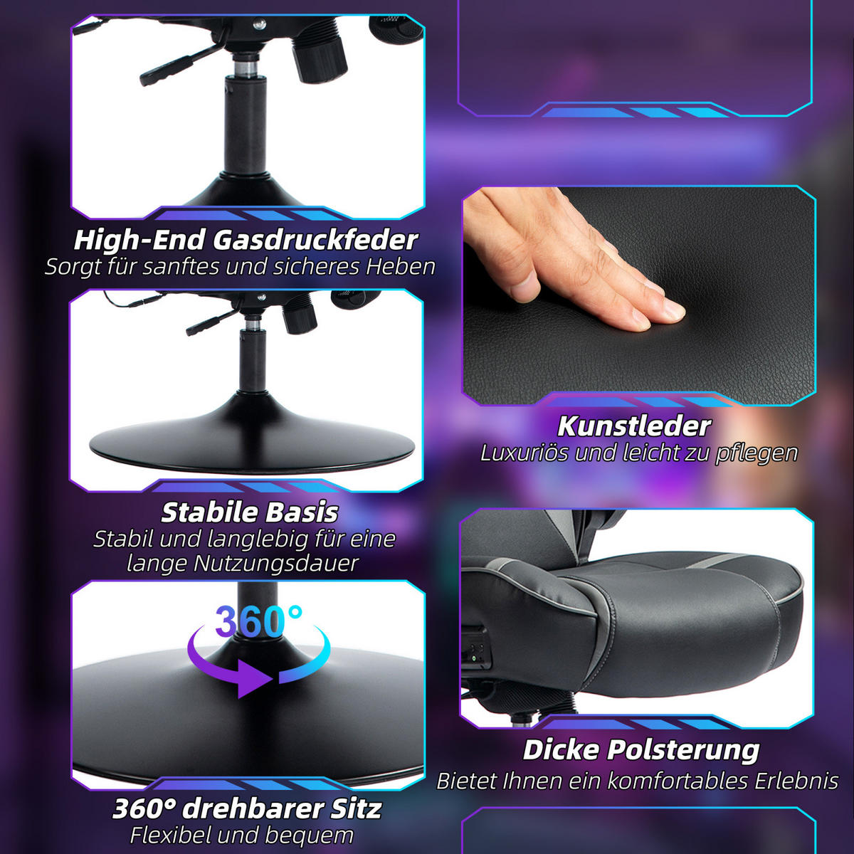 GAMING Stuhl mit runder Bodenplatte, drehbar & neigbar, ergonomischer Sessel, Schwarz-Grau - Grau, Leder (69/112/73cm) - BRILVERDE