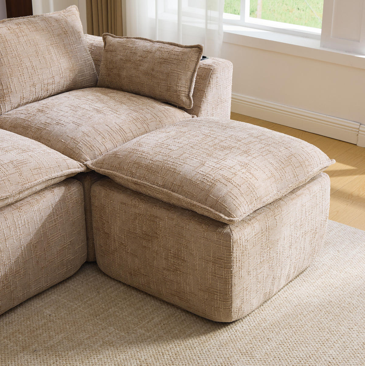 SOFA modular 3-Sitzer mit Fußhocker 256 x 161 cm Chenille Khaki - Braun, Holzwerkstoff (161/256cm) - Meubliv