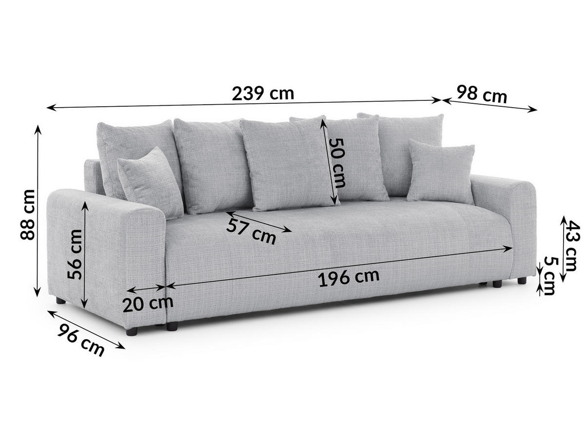 SCHLAFSOFA Calma mit Bettkasten im Bumpy-Design aus weichem Hellgrau Chenille-Stoff - Hellgrau/Schwarz, Holz/Kunststoff (239/88/98cm) - S-Style Möbel