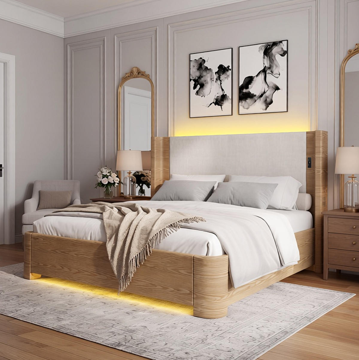 POLSTERBETT 180x200 cm in Beige mit LED-Beleuchtung und Gasdruckfeder - Beige, Textil (180/200cm) - IVMEU