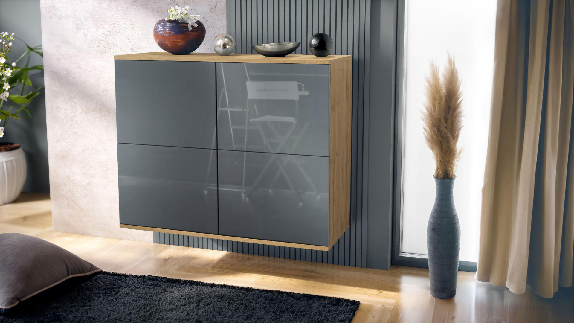 KOMMODE Rova Grau Hochglanz - Grau, Holzwerkstoff (92.5/73.5/35cm) - Vladon