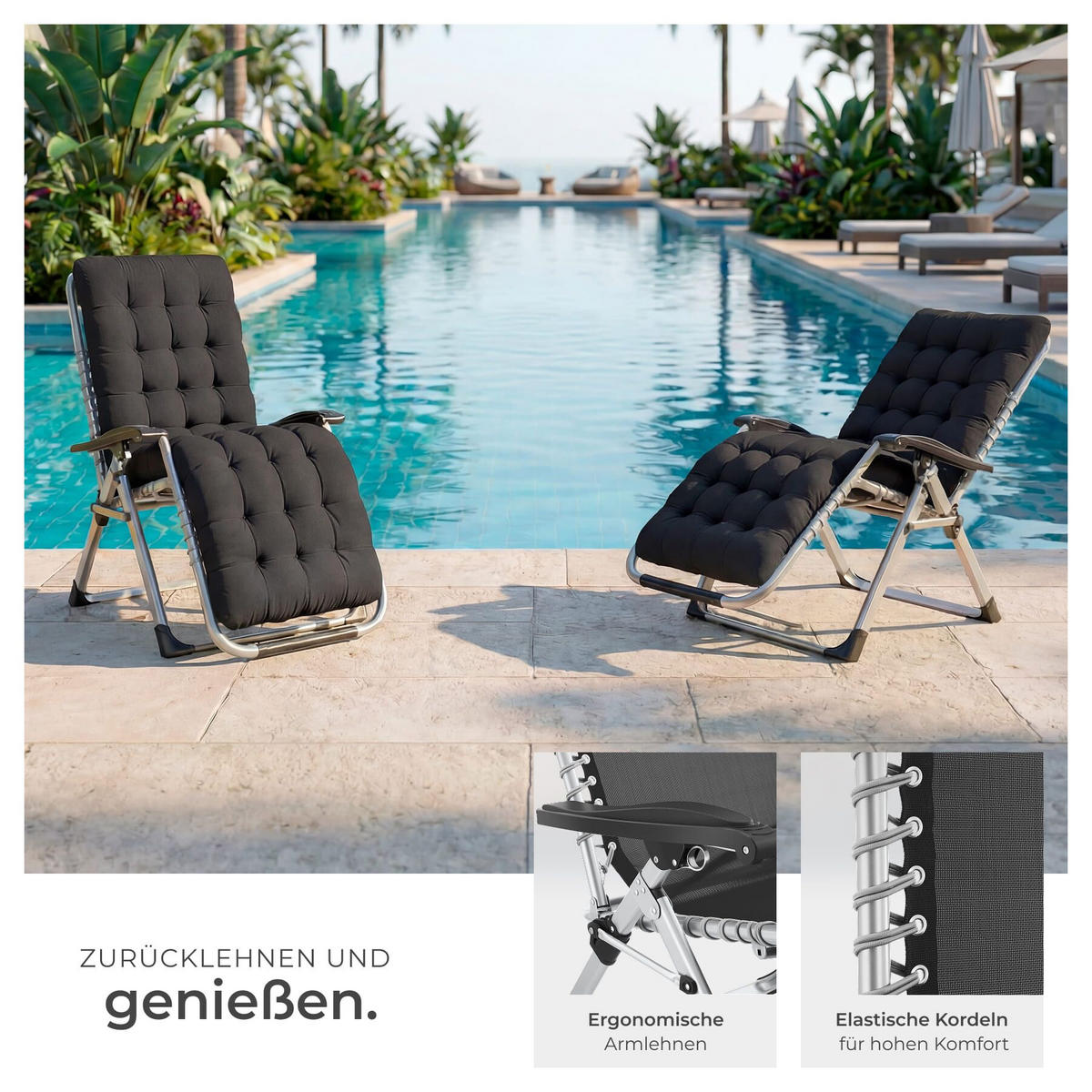 SONNENLIEGE Cloud, 84 x 168 x 82,5 cm, mit Ablagetisch, schwarz - Schwarz, Kunststoff (84/103/113cm) - tectake