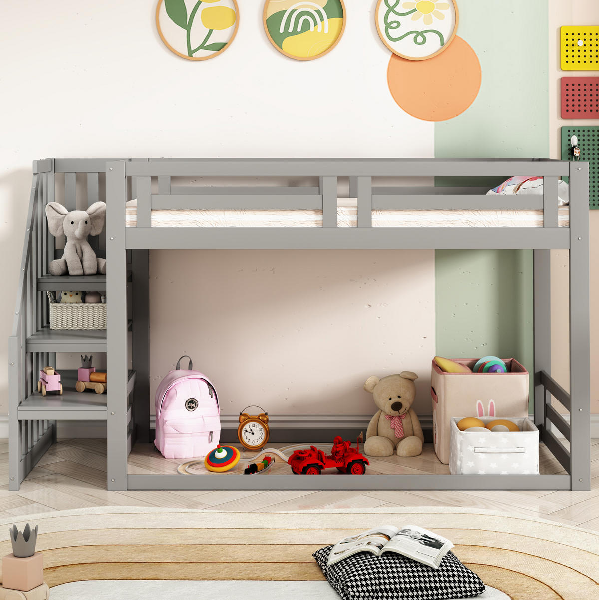POSCHODOVÁ posteľ 90/200 cm sivá s úložným schodíkom z borovicového masívu a MDF - sivá, drevo (90/200cm) - OKWISH