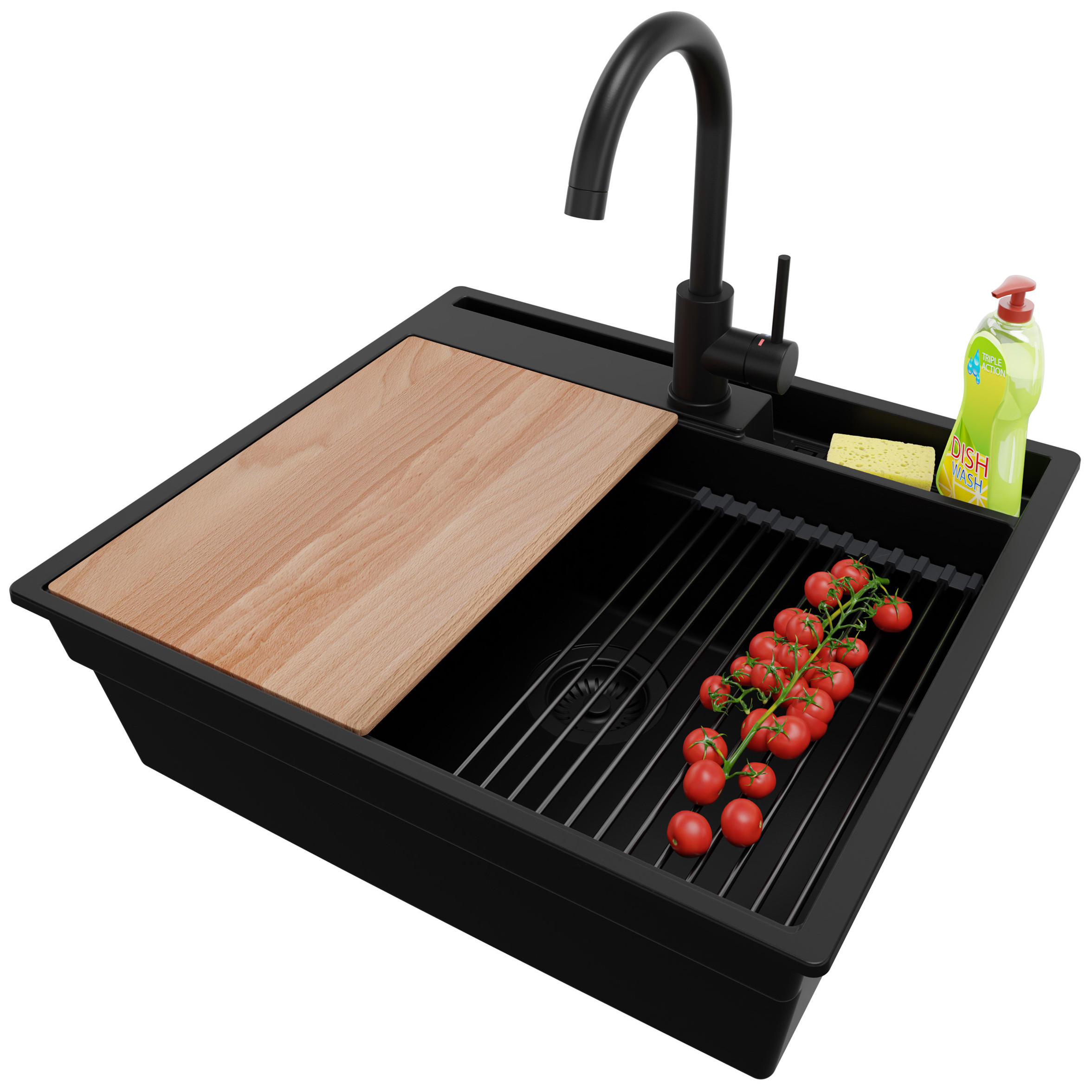 GRANITSPÜLE Oslo Pocket, 2-er set Alles Schwarz 58/53 cm 1 Becken + Küchenarmatur 32/20 cm + Ablauf-Set + Küchenzubehörset ab 60er Unterschrank - Beige/Schwarz, Kunststoff (58/20/53cm) - Primagran