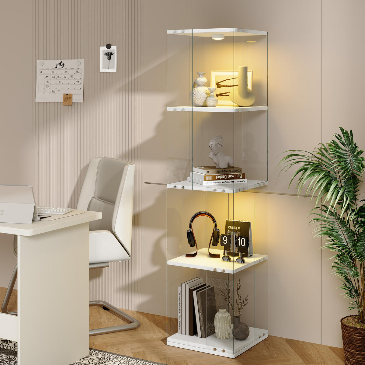 DREHVITRINE 360° mit RGB LED, 4 Ebenen, Glasvitrine weiß für Deko - Weiß, Glas (38/160/38cm) - SHOPENTRA