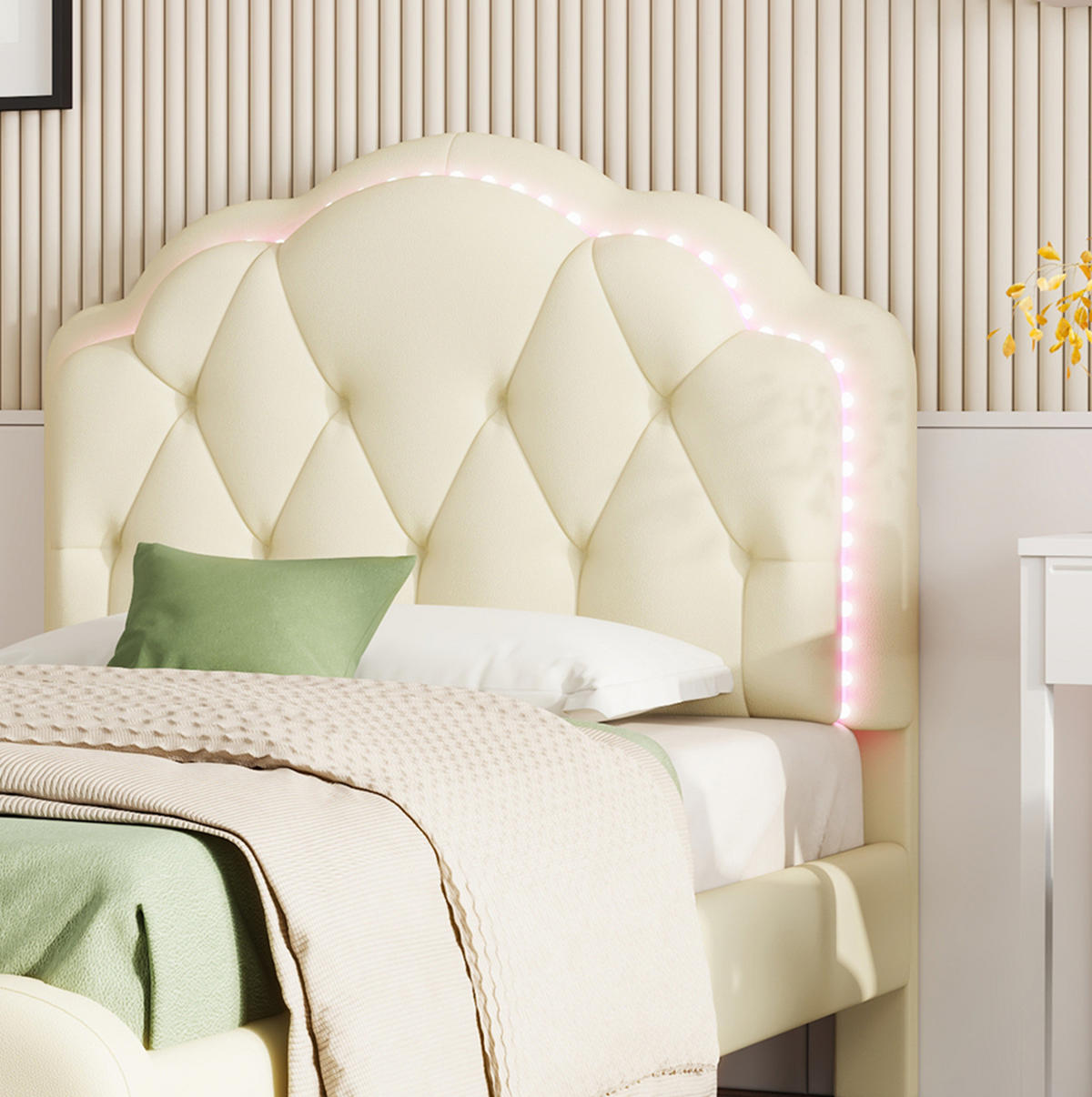 POLSTERBETT 90/200 cm Beige aus PU mit LED-Beleuchtung - Beige, Kunststoff (90/200cm) - Flora Grace
