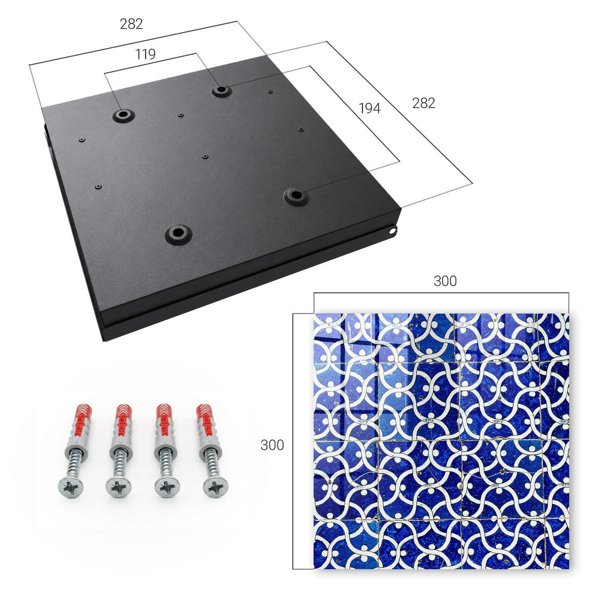 SCHLÜSSELBOX Schwarz 30x30 cm- Türöffnung nach rechts - Geometrische Fliesen - Blau, Metall (30/30/5cm) - TULUP