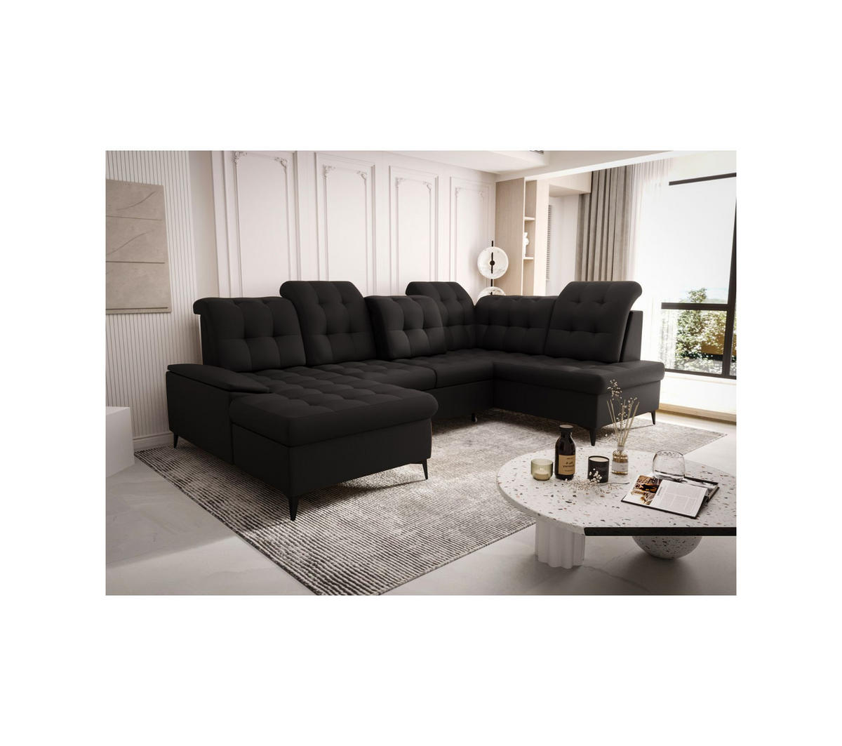 WOHNLANDSCHAFT KONGO RBN17, Eckcouch in U-Form mit Schlaffunktion, Farbe: Schwarz, Kunstleder, Ottomane Links - Schwarz, Textil (343/107/210cm) - O-Sofa