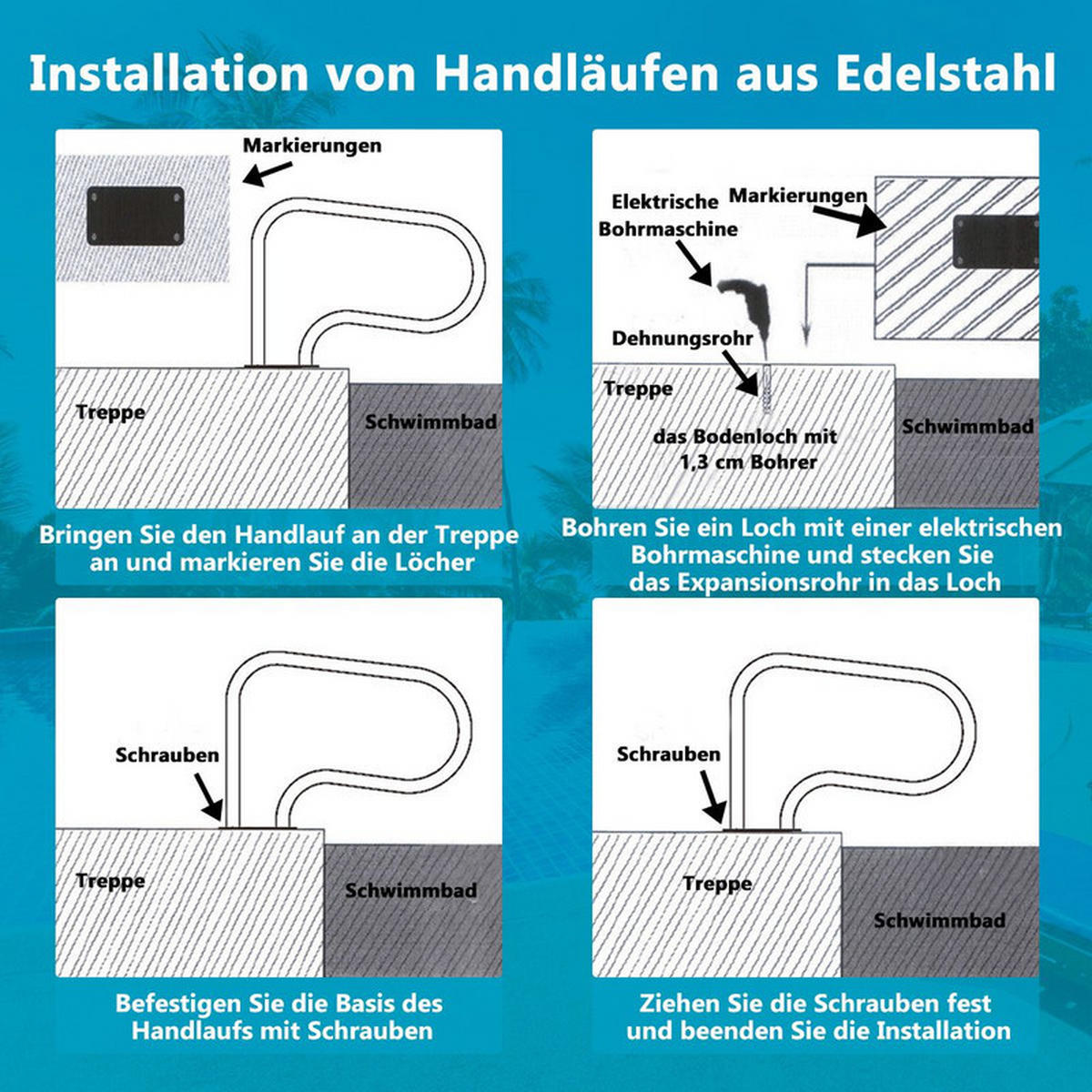 POOLHANDLAUF aus Edelstahl silber - Silberfarben, Metall (81/57/10cm) - COSTWAY