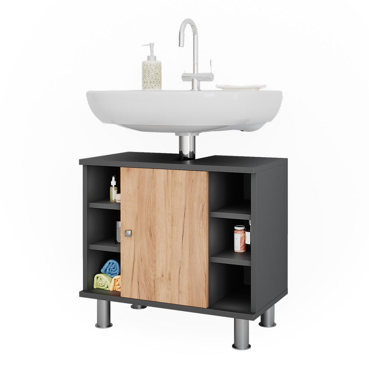 WASCHBECKENUNTERSCHRANK Fynn Anthrazit/Goldkraft Eiche 60 x 54 cm mit 6 Ablage - Honigeiche/Anthrazit, Holzwerkstoff (60/54/32cm) - Vicco