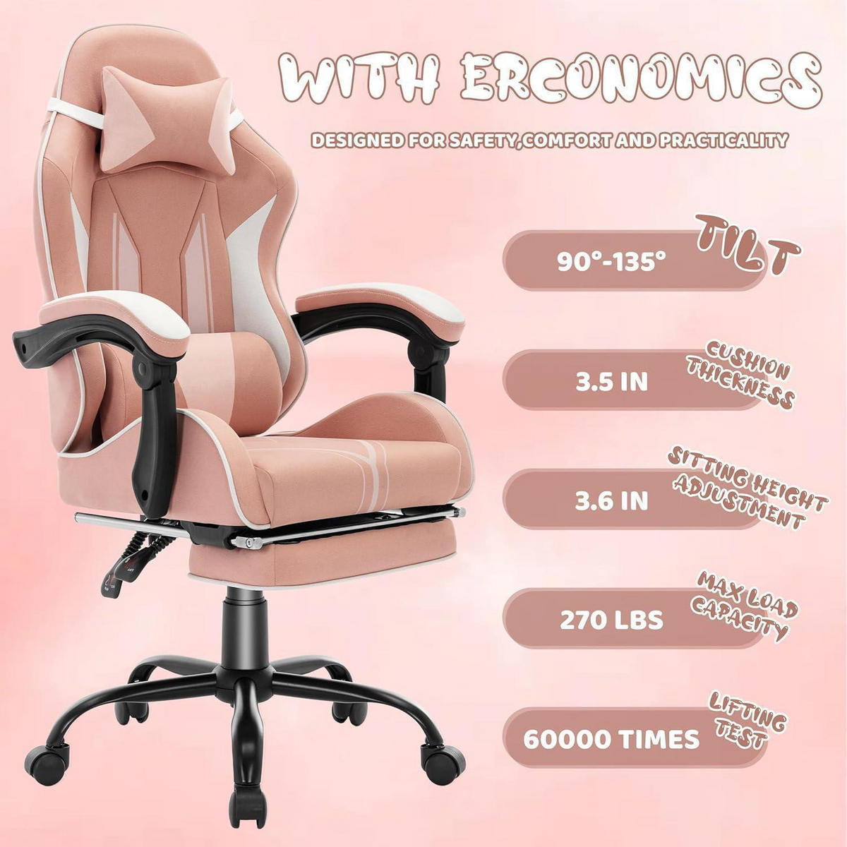 GAMING-STUHL mit Fußstütze Rosa - Rosa, Textil (49/122/48cm)