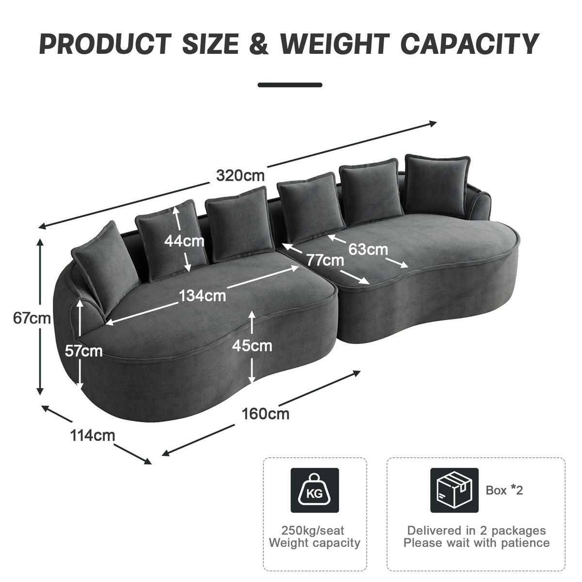 4-SITZER SOFA Chenille Grau mit Kissen - Grau, Textil (320/67/114cm) - WISHDOR