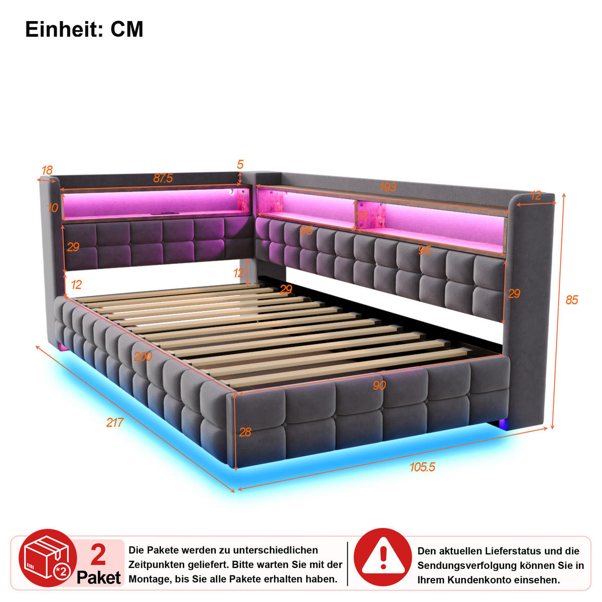 POLSTERBETT 90/200 cm in Grau Samt mit Bettkasten, Regal, LED und USB - Dunkelgrau, Holzwerkstoff/Textil (90/200cm) - WISHDOR