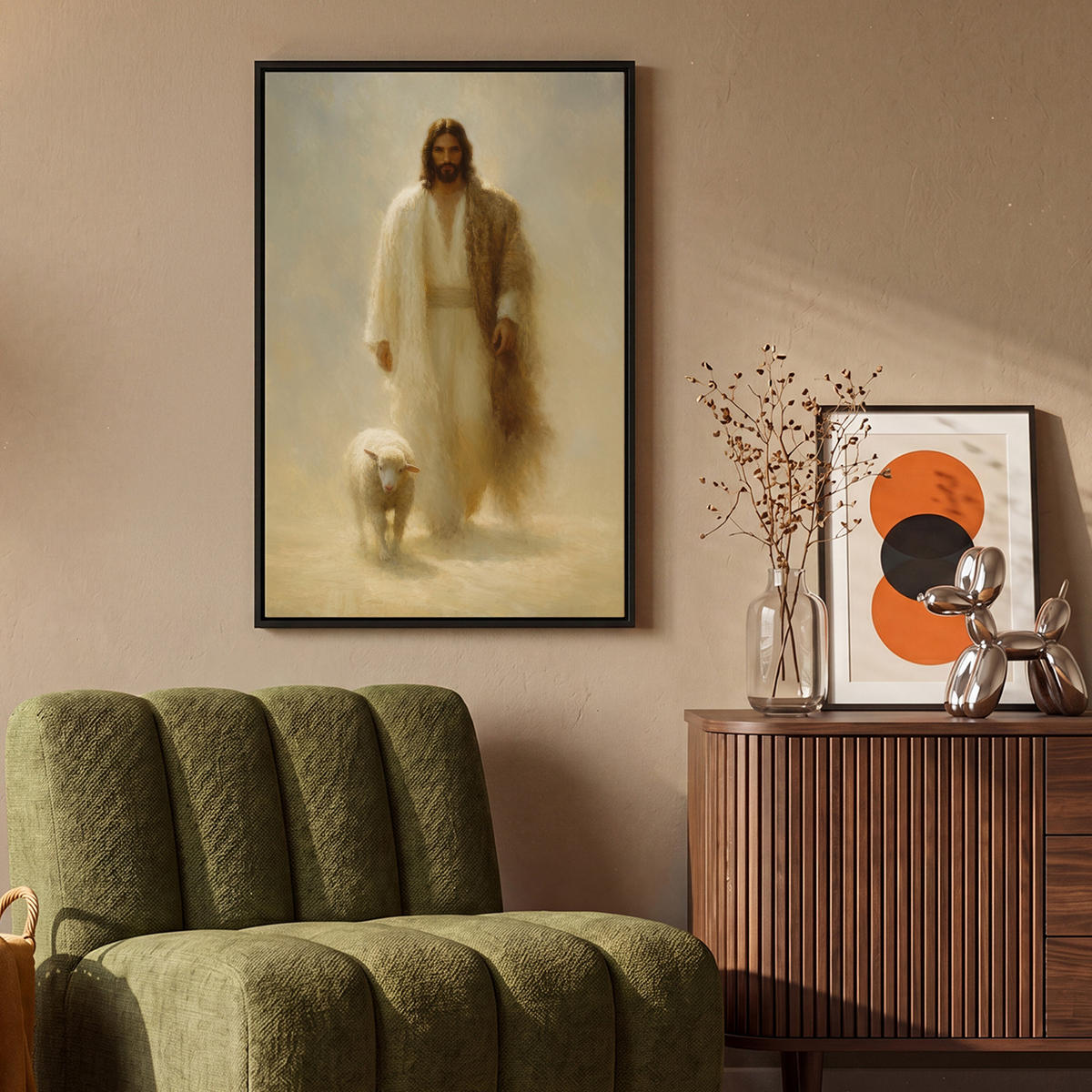 LEINWAND Bilder mit Rahmen - Schaf - Jesus - Pinselstriche - Abstrakt - 60x90 - Beige, Textil (60/90cm) - MuchoWow