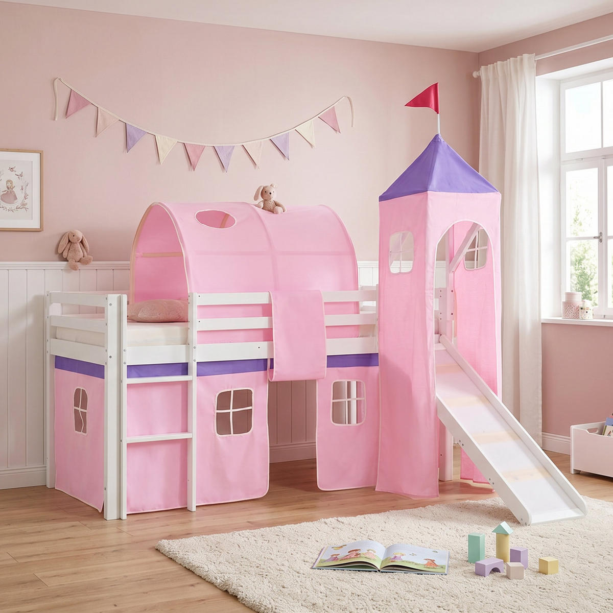 HOCHBETT mit Rutsche 90/200 cm Rosa - Weiß/Rosa, Holz - Homestyle4u