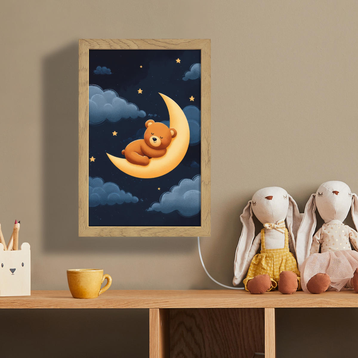 NÁSTĚNNÁ LAMPA Medvídek - Měsíc - Mraky - Hvězdy 20x30 cm - tmavě modrá, kompozitní dřevo (20/30/8cm) - OnlyWow