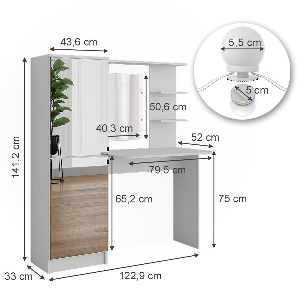 FRISIERKOMMODE Jasmin Weiß 123 x 141.2 cm mit LED-Beleuchtung - Weiß, Holzwerkstoff (123/141.2/33cm) - Vicco