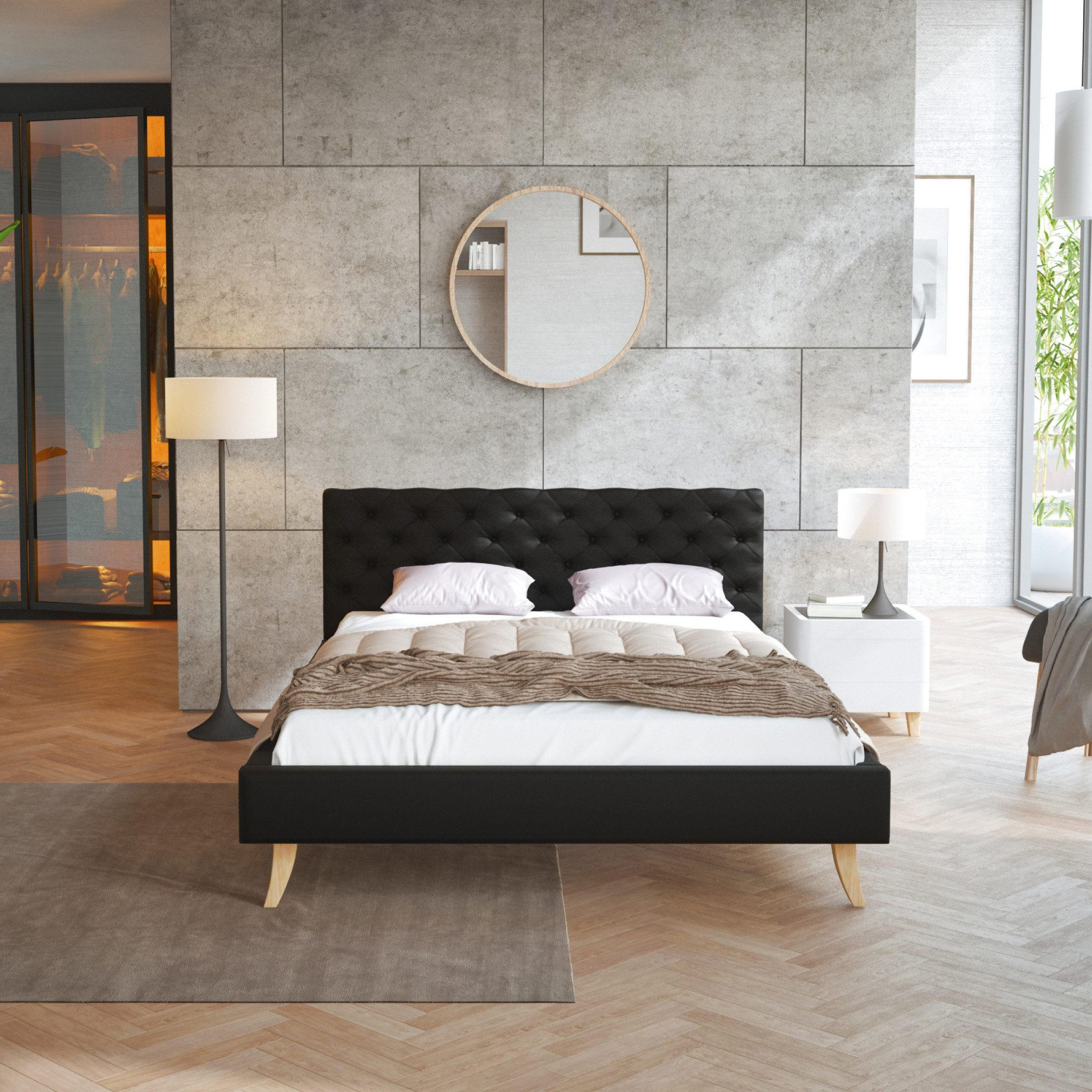 POLSTERBETT ZUZA schwarz - Beige/Birkefarben, Holz/Holzwerkstoff (160/200cm) - FDM