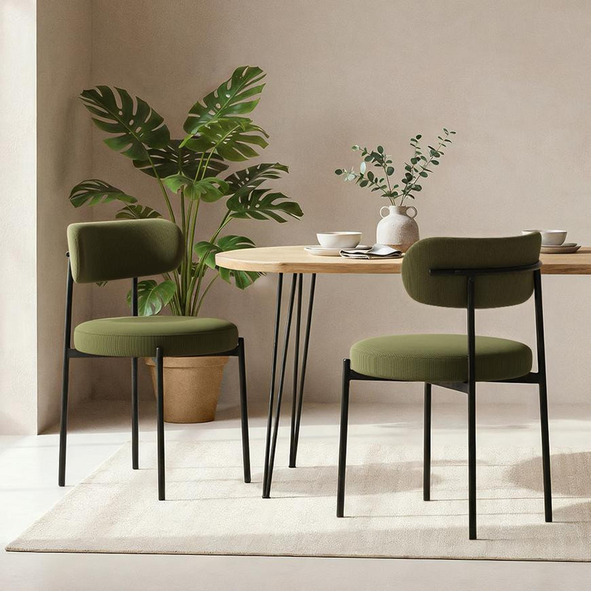 STÜLE 2er-Set Iris moderne aus khakifarbenem Cord - Schwarz/Grün, Textil/Metall (53.5/79/51cm) - Sicaan